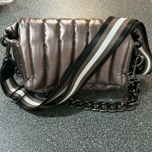 THINK ROYLN Metallic Crossbody Bag with Striped Strap